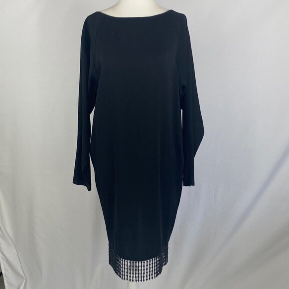 A.J. Bari Vintage Black Midi Cocktail Dress Beaded Detail Size 4 Long Sleeve - Picture 1 of 14